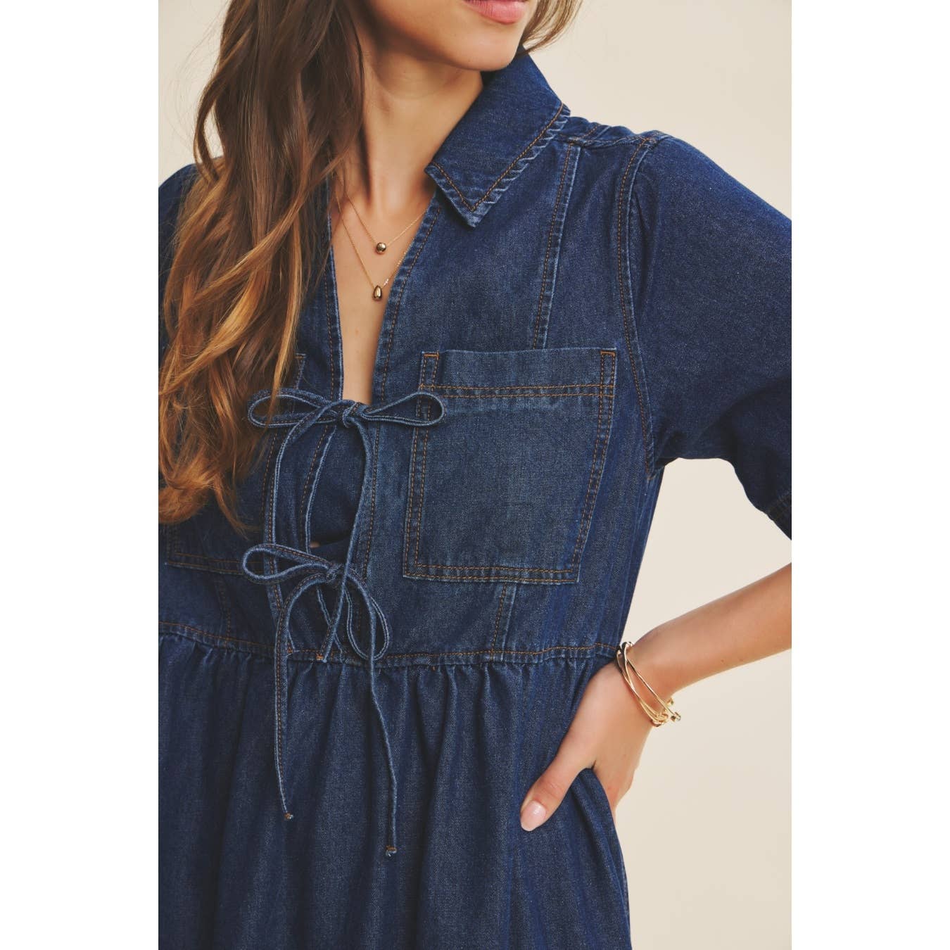 Denim Front-Tie Midi Dress