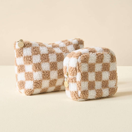 Tan Checkered Teddy Pouch