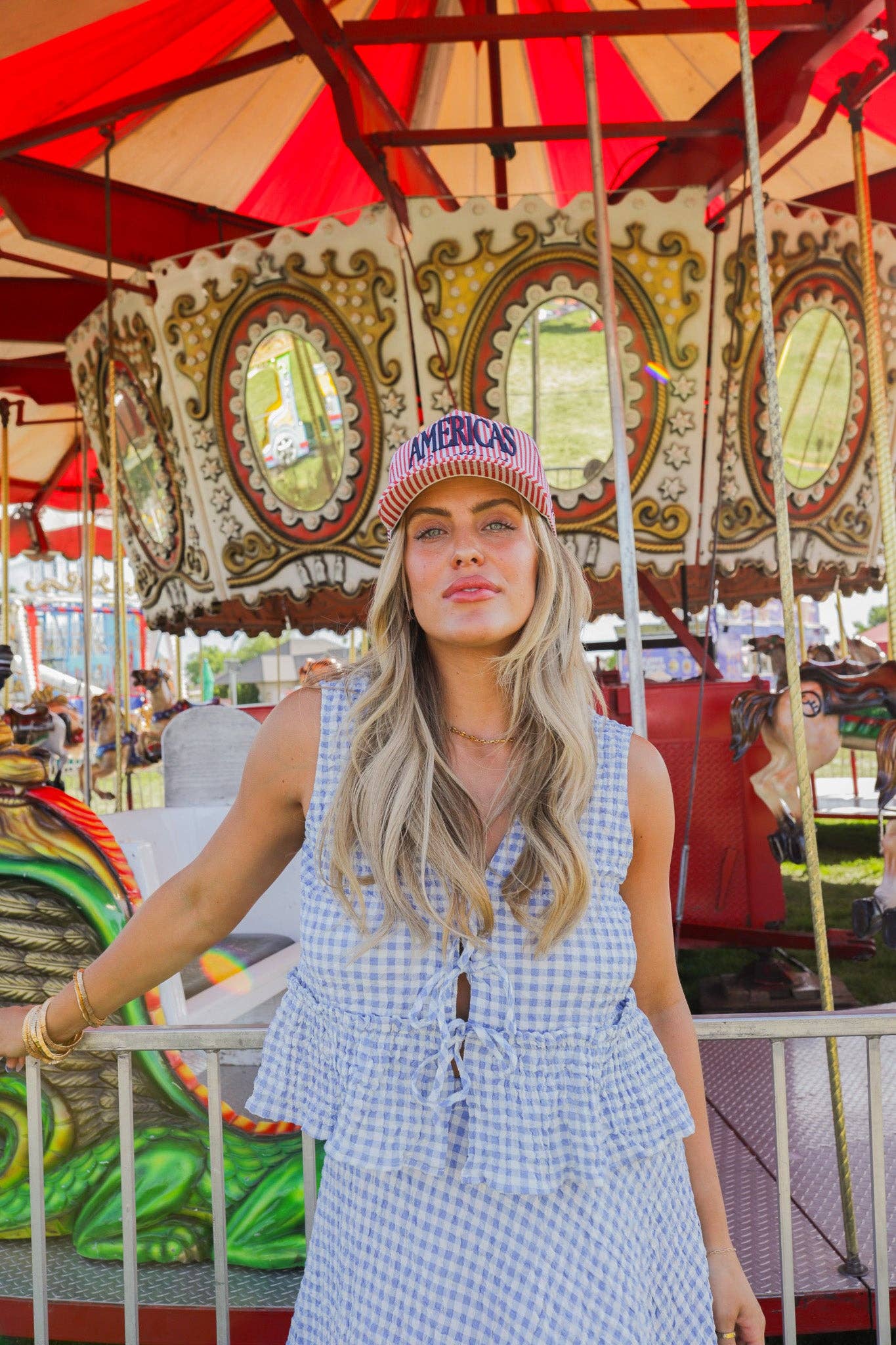 AMERICA'S SWEETHEART STRIPED TRUCKER HAT