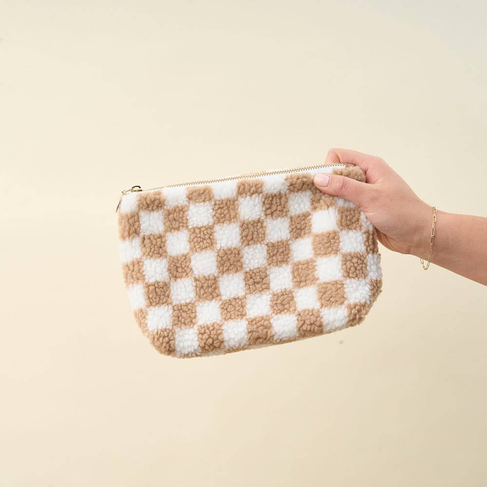 Tan Checkered Teddy Pouch
