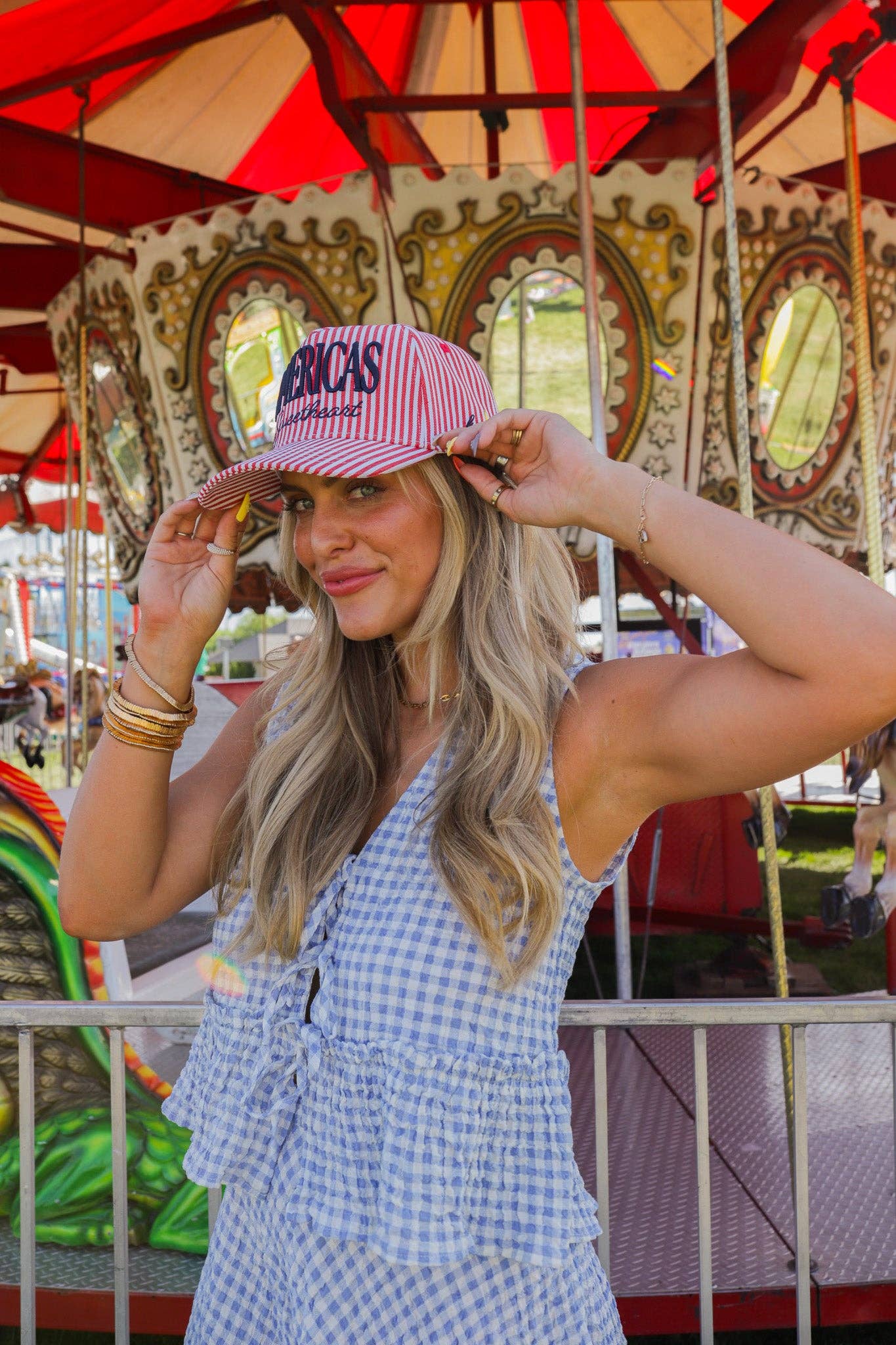 AMERICA'S SWEETHEART STRIPED TRUCKER HAT