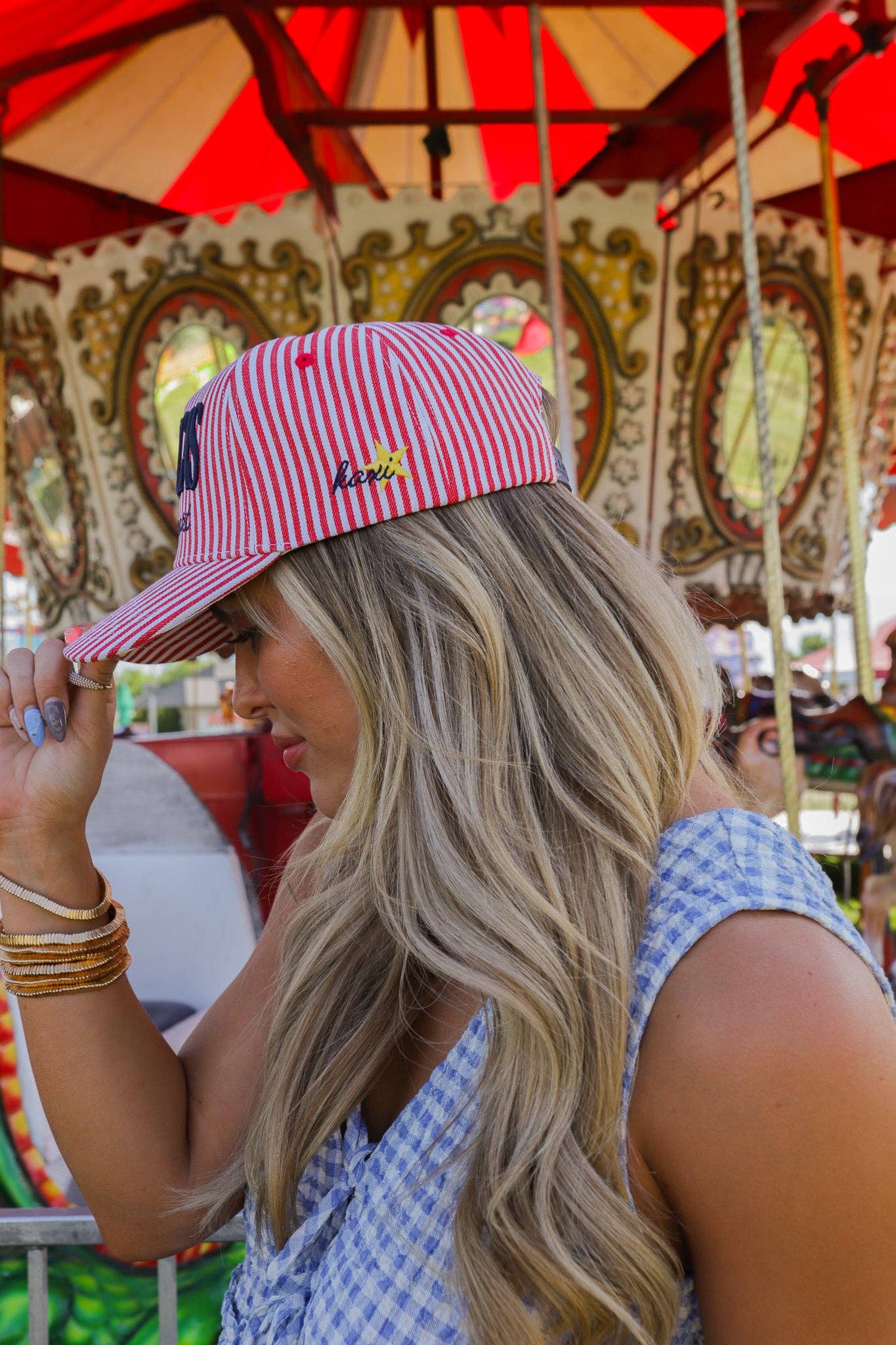 AMERICA'S SWEETHEART STRIPED TRUCKER HAT