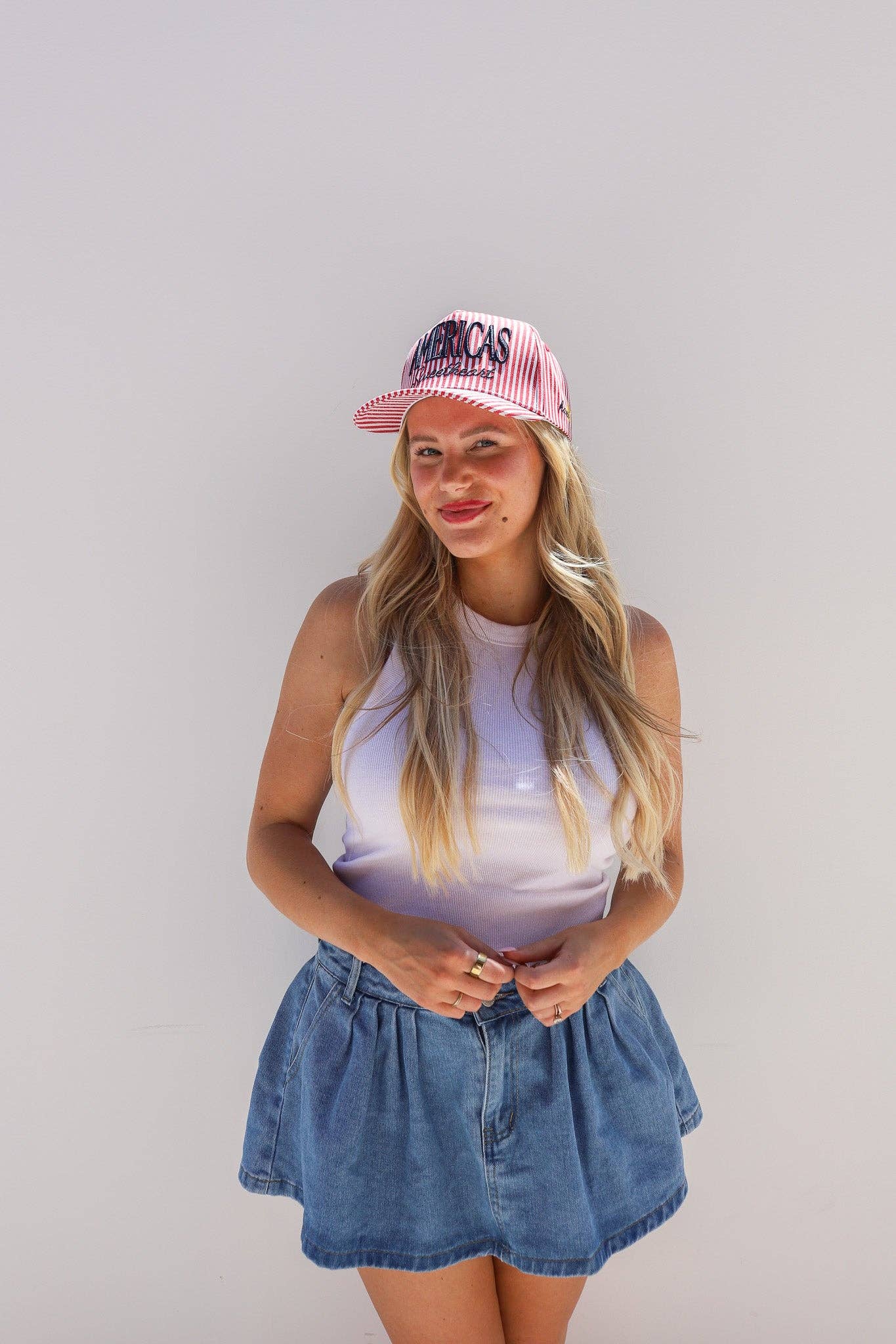 AMERICA'S SWEETHEART STRIPED TRUCKER HAT