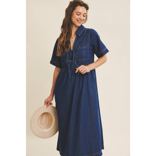Denim Front-Tie Midi Dress