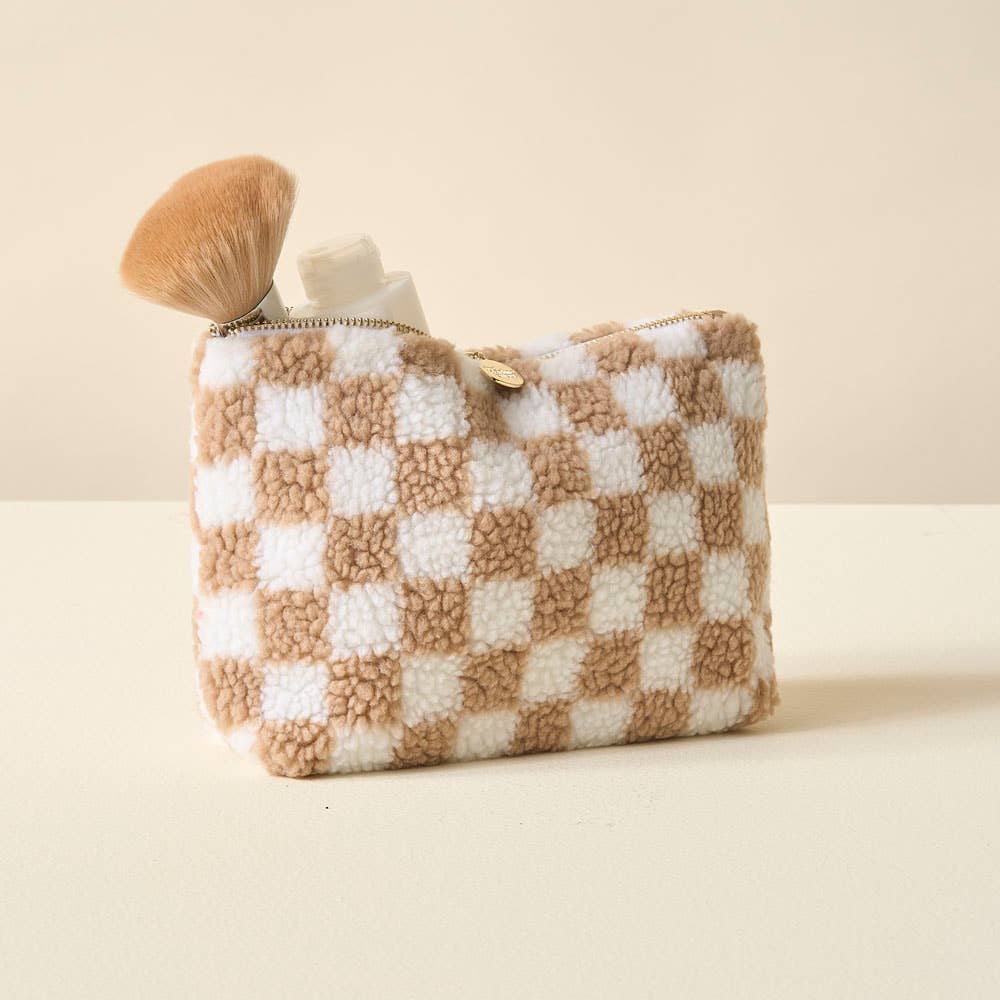 Tan Checkered Teddy Pouch