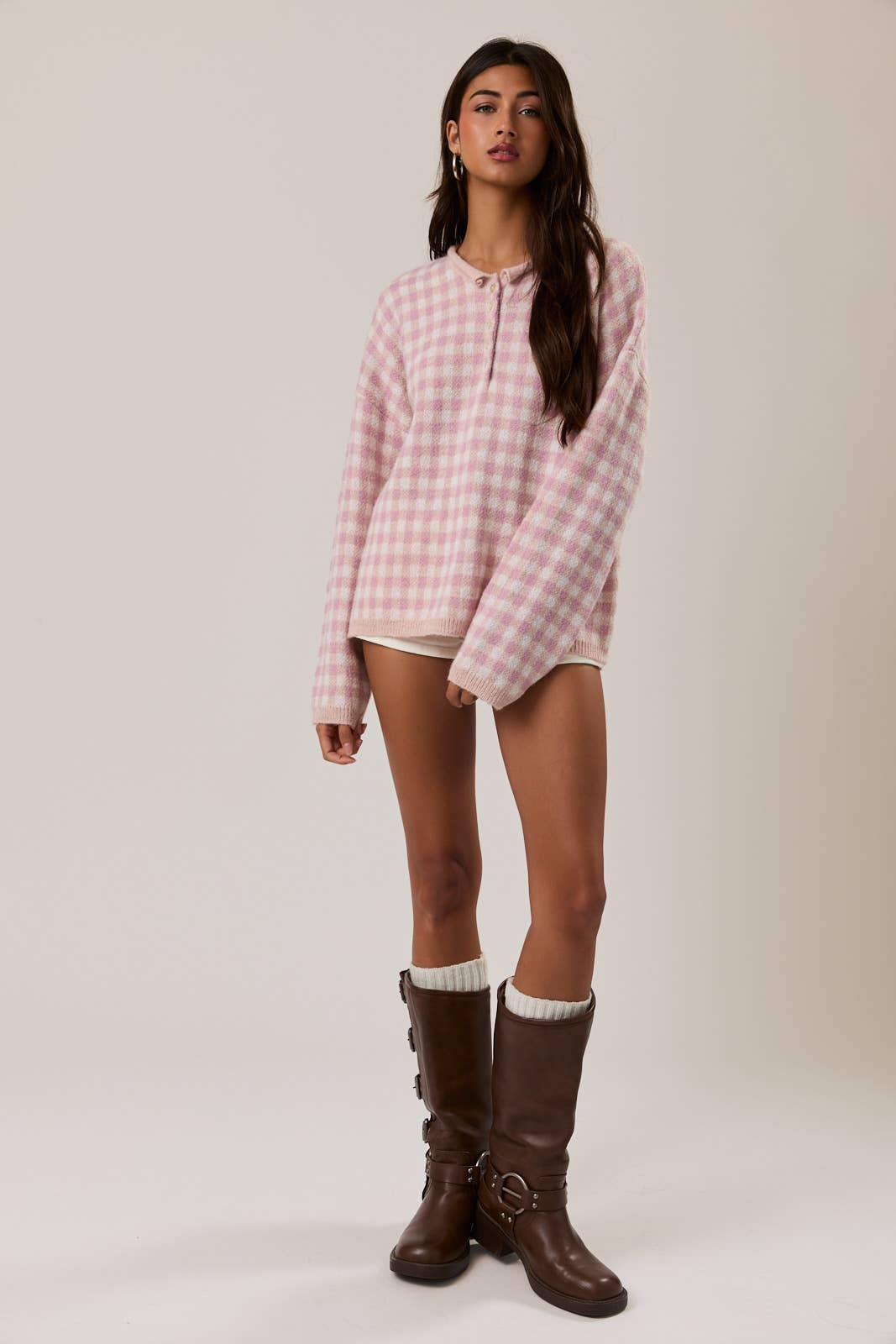 Pink Gingham Henley