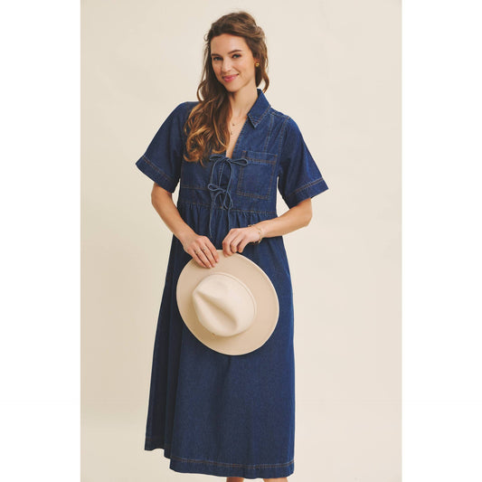 Denim Front-Tie Midi Dress